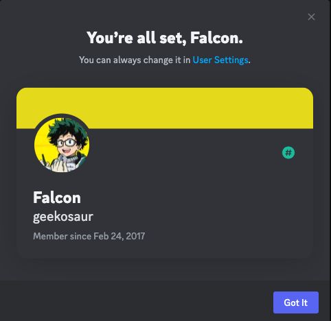 Discord's profile card, showing Falcon as display name, and geekosaur as username