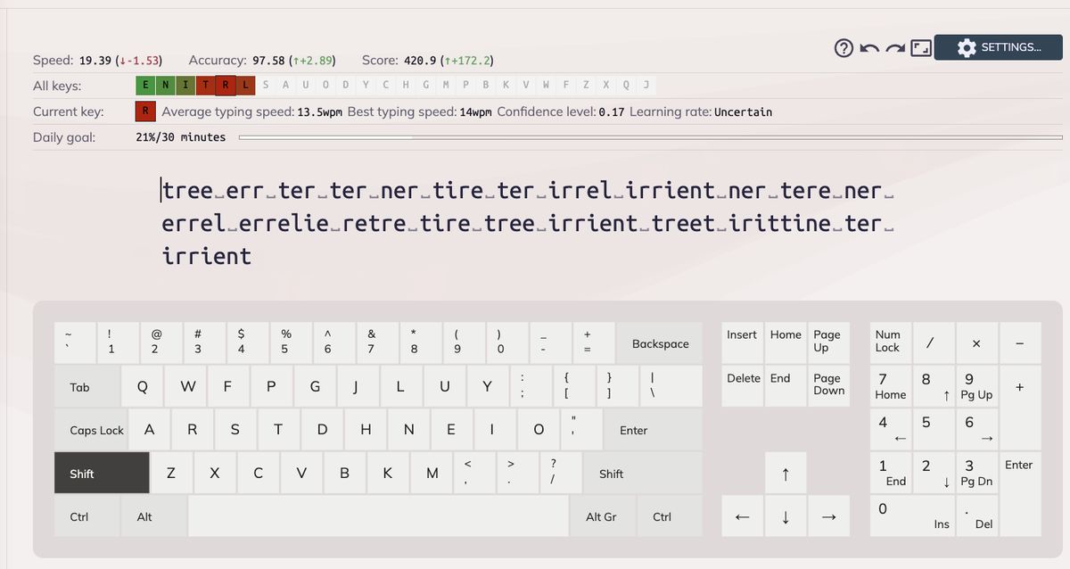 Screenshot or keybr, a website to practice different keyboard layouts, showing a practice session with Colemak layout