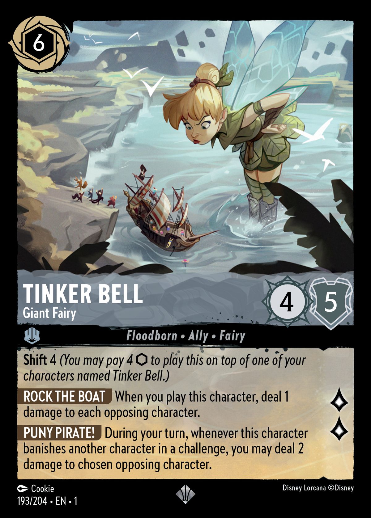 Game card (Disney Lorcana) showing a Tinker Bell card. Drawing is a giant Tinker Bell looking down at a pirate ship