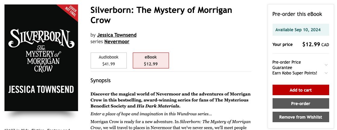 Kobo store screenshot showing Sept. 10, 2024 release date for Silverborn: The Mystery Of Morrigan Crow
